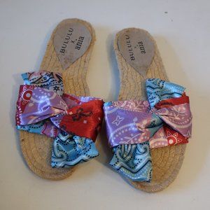 NWT Womens Bululu Lilac Blue Red Multi Bandana Satin Espadrille Sandal 38 US/8 *
